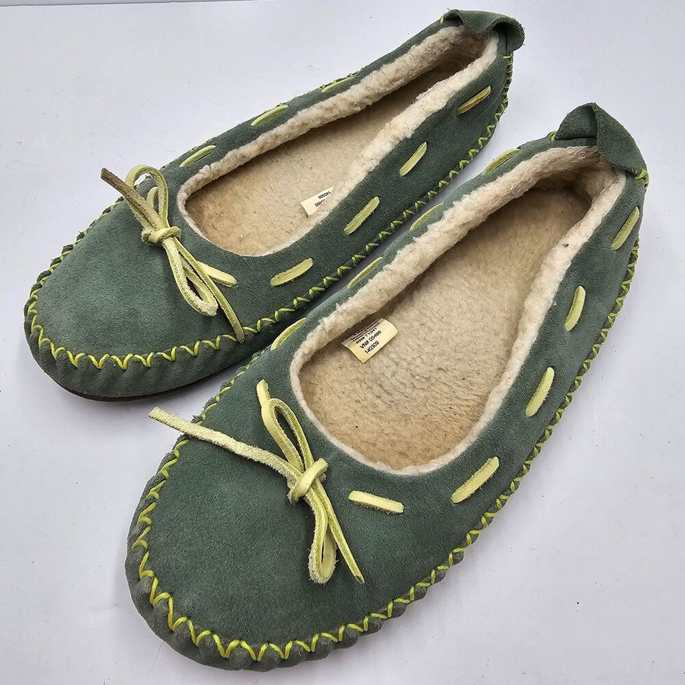 LL Bean Wicked Good Moccasin Slippers Womens 8 Green Suede Shearling Lined Flann
